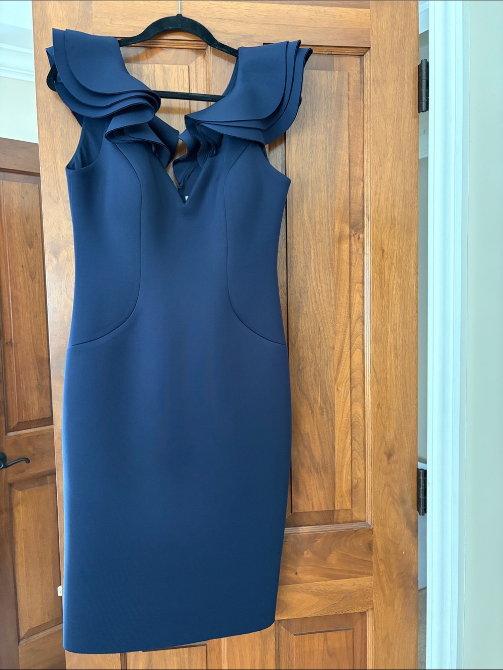 Eliza J Navy Ruffle-Shoulder Midi Sheath Dress